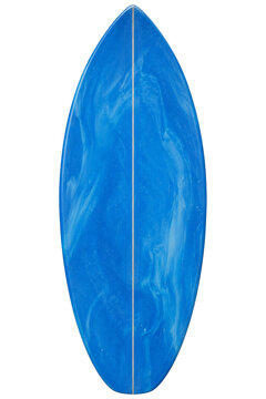 Blue marbled surfboard with a central wooden stringer isolated on a clean white background