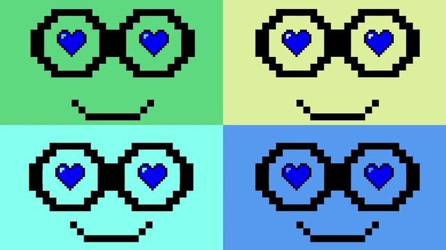 Smiley face in glasses and pulsating heart in pixel art style. GIF with meme head and flashing heart