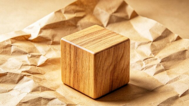 Polished golden oak wooden cube on crumpled kraft paper, natural wood geometric block