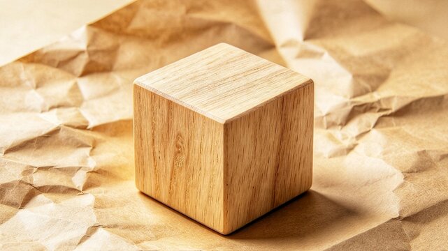 Light natural oak wooden cube on crumpled kraft paper, minimalist geometric block