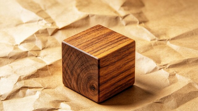 Rich walnut wooden cube with natural grain patterns on crumpled kraft paper