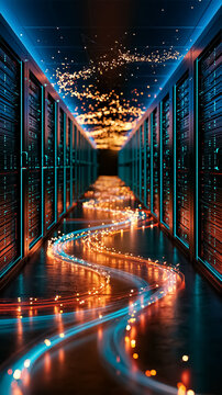 Modern high-tech server room, datacenter technology background