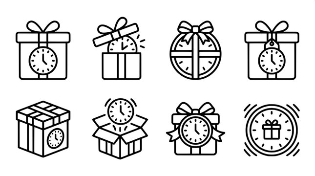 Coming Soon Line Icon Set with gift box and clock, Black and White Outline Symbols