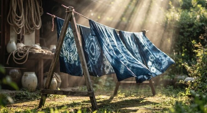 Artisan Wringing Out Freshly Dyed Indigo Cloth Over Liquid Vat