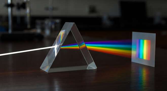 A transparent glass triangular prism splitting a white light beam into a rainbow spectrum (light dispersion) and projecting it onto a screen. Optical experiment showing light dispersion and refraction
