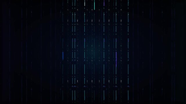 Abstract digital data stream background, with glowing vertical, lines and cyber, tech particles
