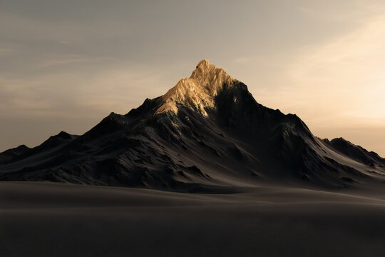 Majestic dark mountain peak illuminated by warm golden sunrise light against a vast horizon landscape - Achieving goals, peak performance, conquering challenges, summit success.