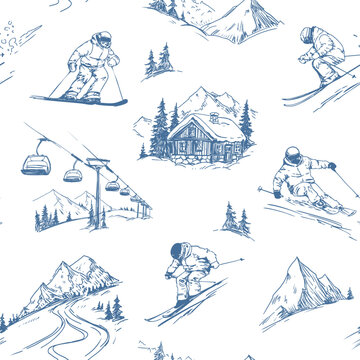 Vintage hand drawn winter sports seamless pattern. Skier down hills, mountain peaks, ski lift and cozy log cabin chalet engraving style background.