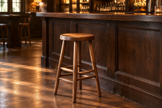 Wooden barstool in front of dark bar counter in empty room, hospitality and interior concept
