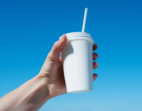 Blank white takeaway cup mockup with a straw held against blue sky