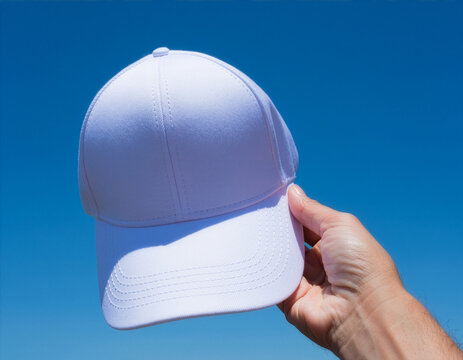 Hand holding a blank white baseball cap mockup against blue sky