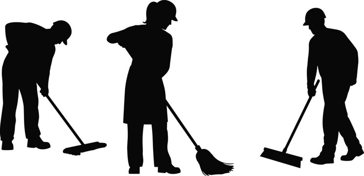 leaning Worker Icon Set featuring Janitor sweeping floor broom mop push broom maintenance staff, minimalist, isolated on white background solid vector collection
