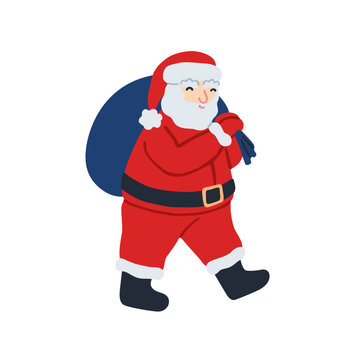 Cute Santa Claus with gift sack. Christmas character with Xmas gifts isolated on white background for winter holiday design.  Flat vector illustration, hand drawn.