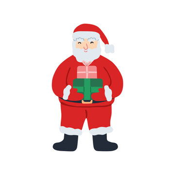 Cute Santa Claus with gift box. Christmas character with Xmas presents isolated on white background for winter holiday design.  Flat vector illustration, hand drawn.