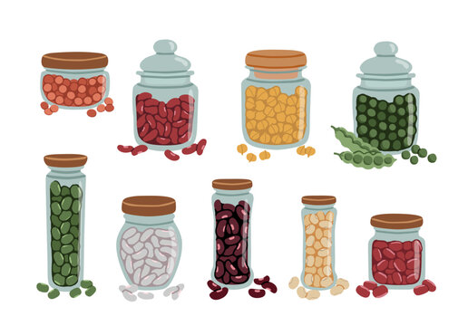 Beans in jar set. Various dry legumes, chickpeas, kidney and adzuki beans, lentils, soybeans and peas for kitchen pantry storage, flat vector illustration isolated on white background. Hand drawn.