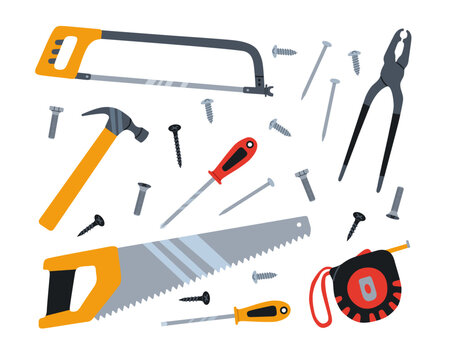 Hand tools set. Carpentry and construction collection with saw, hammer, pliers, screwdriver, tape measure and hardware isolated on white background.  Flat vector illustration, hand drawn.