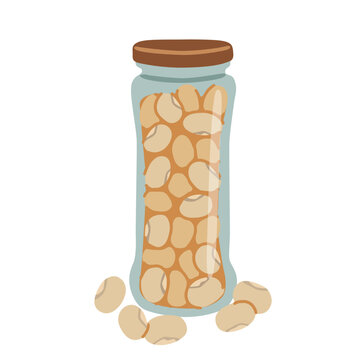 Soybeans in glass jar. Dry white edamame beans and raw legumes for healthy kitchen pantry storage isolated on white background for vegan cooking and grocery concepts. Flat vector illustration.