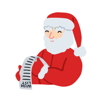 Christmas Santa Claus reading long children wish list. Cute smiling Xmas character isolated on white background for winter holidays greeting card design. Flat vector illustration, hand drawn.