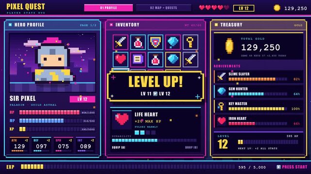 Pixel Art Game UI Interface Loop showcasing player stats inventory weapons and interactive fantasy RPG world map