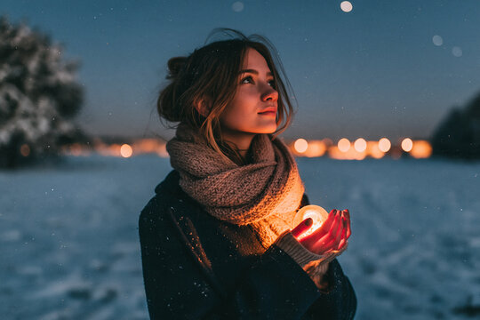 A woman stands in a snowy twilight landscape gazing upward with a gentle expression as she cradles a glowing warm light in her cupped hands creating a magical and serene winter atmosphere