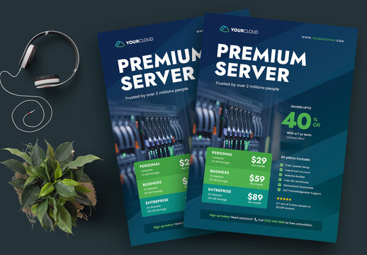 Premium Server Hosting Service Flyer Template Colour Blue