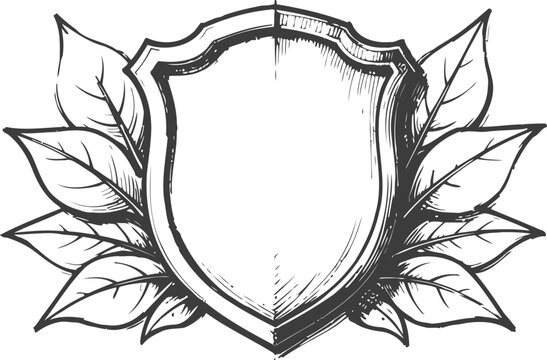 hand drawn heraldic shield with leaves decorative emblem vintage illustration