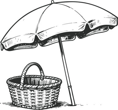 Beach umbrella and woven picnic basket illustration summer outdoor relaxation and shade concept