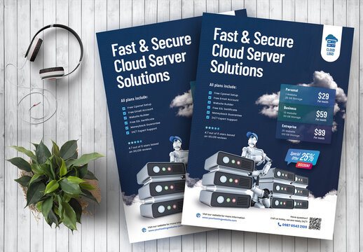 Fast and Secure Cloud Server Solutions Flyer Template Colour Blue
