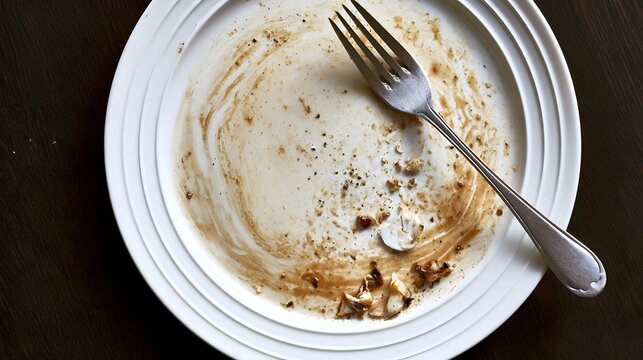 An empty white plate with food remnants and a fork resting on a dark wooden surface  showing signs of a recently finished meal