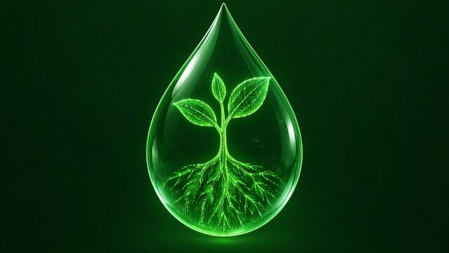 Glowing green water droplet containing stylized plant with visible roots