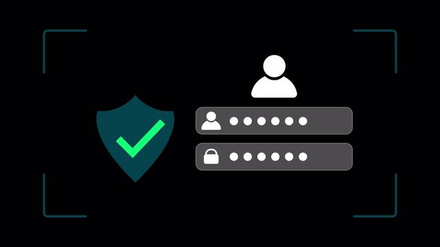 Cybersecurity Login Interface Animation with Secure Shield Checkmark and User Authentication on Transparent Background
