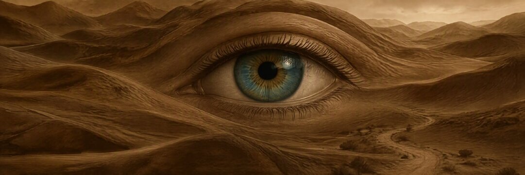 Surreal landscape of rolling hills with a large human eye integrated into the terrain