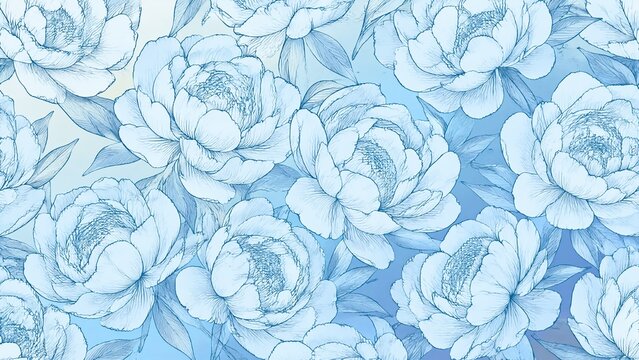 Blue hand drawn peony flowers and leaves repeating pattern on gradient background
