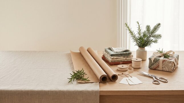 Wrapping paper rolls ribbons scissors gift box greenery on wooden table natural light