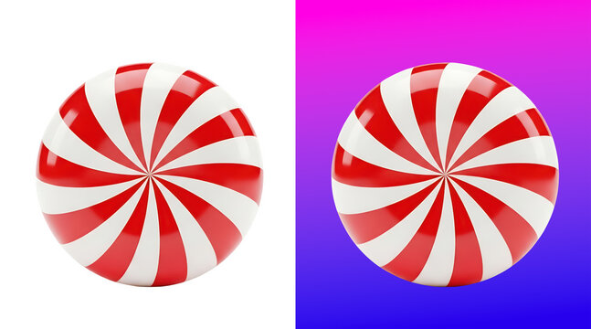A round peppermint candy with red and white spiral stripes, isolated on a white background, 3D