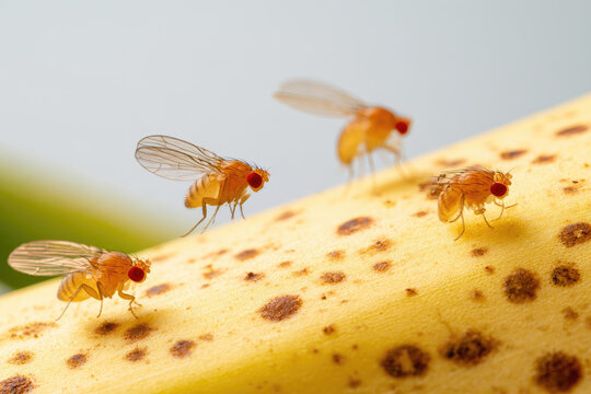Fruit fly banana macro insect yellow speckled peel wing compound eye sunlight fruit fly hovering above ripe banana peel with translucent wing, red compound eye, natural brown spot, bright neutral
