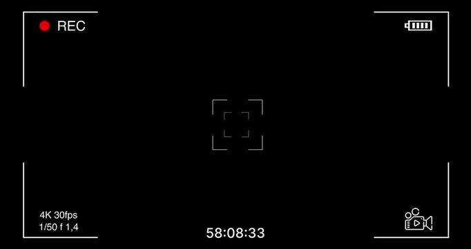 Photo or video camera viewfinder display screen frame, camera interface overlay shows information indicators, Camera recording overlay with clean cinematic viewfinder and digital HUD elements