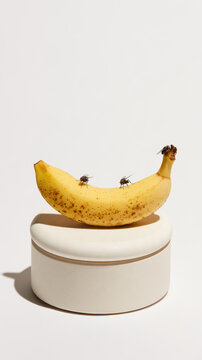 Ripe banana fruit fly pedestal minimalist composition with three tiny insects and generous negative space for headline text, high key studio daylight showing organic peel texture and clean ceramic