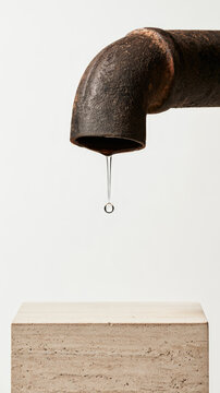 Industrial pipe discharge with single water droplet above pale travertine pedestal, featuring weathered cast iron, open background, negative space, and minimalist sustainability symbolism