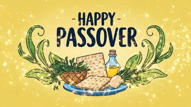 Happy passover greeting animation with traditional matzah, seder plate and shimmering gold magic sparkles background