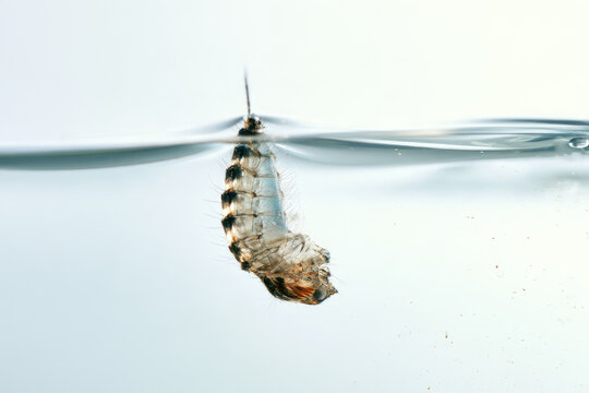 Aedes mosquito larva water surface macro showing translucent segmented body, breathing siphon, and suspended aquatic form