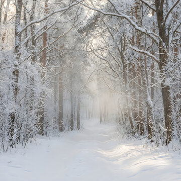 Snowy forest with bare trees and winter landscape