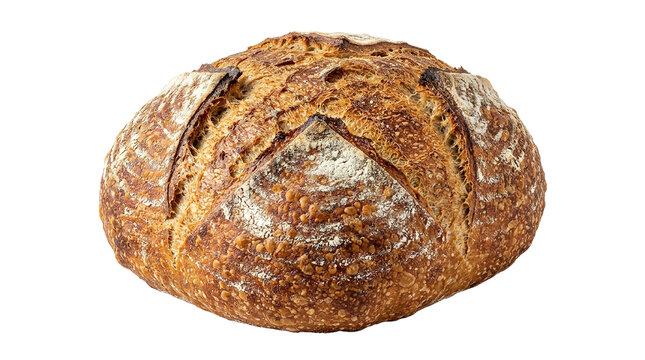 Rustic artisan sourdough bread loaf with golden crust on black background