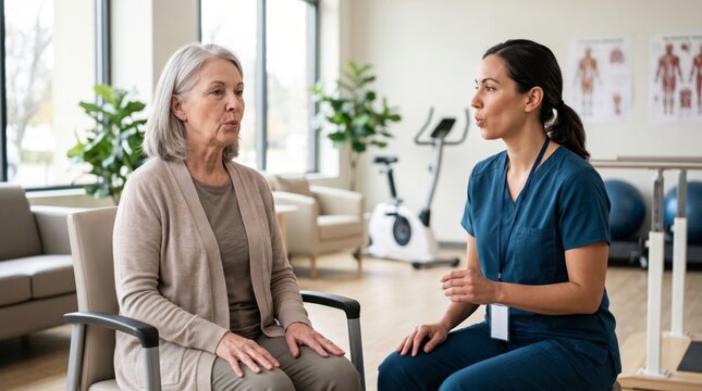 Respiratory therapist teaches pursed-lip breathing to an older woman during pulmonary rehabilitation, illustrating controlled exhalation, self-management and breathing education.