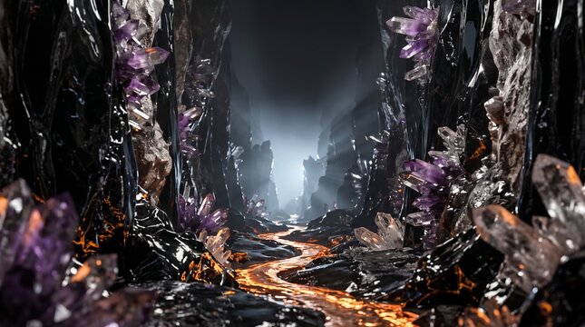Amethyst crystal cavern with glowing lava path, mystical dark cave interior with purple gemstones, cinematic fantasy environment for concept art