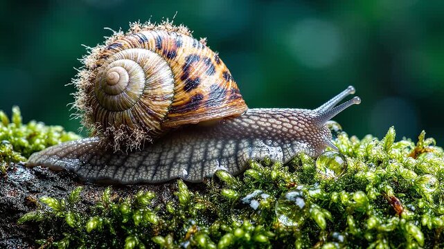 A surreal snail with a soft, fluffy leopard-print shell glides gently over vibrant green moss and dewdrops in high-definition detail.  