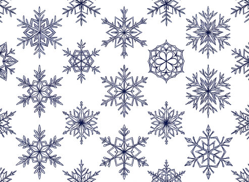Seamless winter background pattern illustration with blue abstract snowflakes