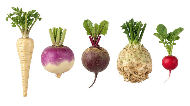 Fresh root vegetables: parsnip, turnip, beet, celeriac, radish on display