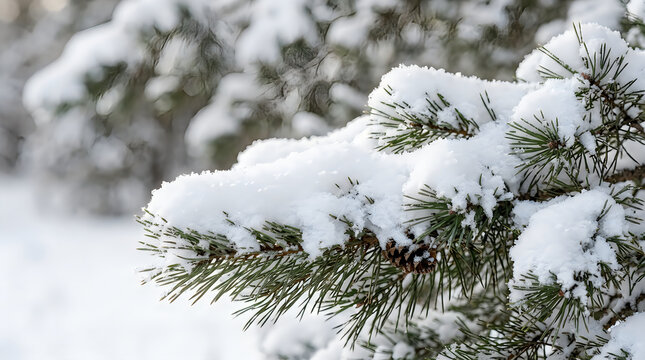 Snow covered pine branches with cloudy sky