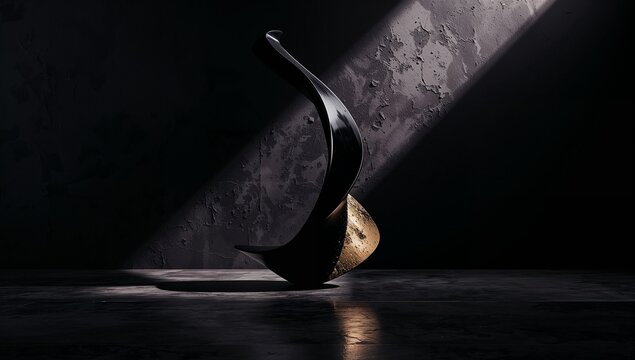 Modern abstract black and gold sculpture in minimalist gallery room with dramatic diagonal light beam on concrete wall